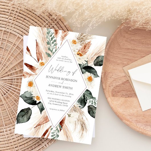 Invitation Boho Cuivre Pampas Grass & Beige Floral Mariage