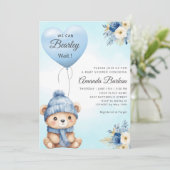 Invitation Boho Cute Boy Teddy Bear Bleu Baby shower Ballons (Debout devant)