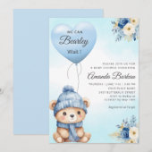 Invitation Boho Cute Boy Teddy Bear Bleu Baby shower Ballons (Devant / Derrière)