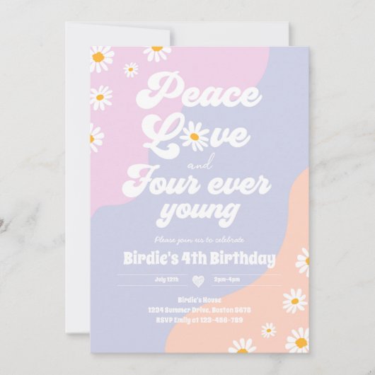 Invitation Boho Daisy 4e anniversaire Paix Amour Quatre Ever  (Devant)