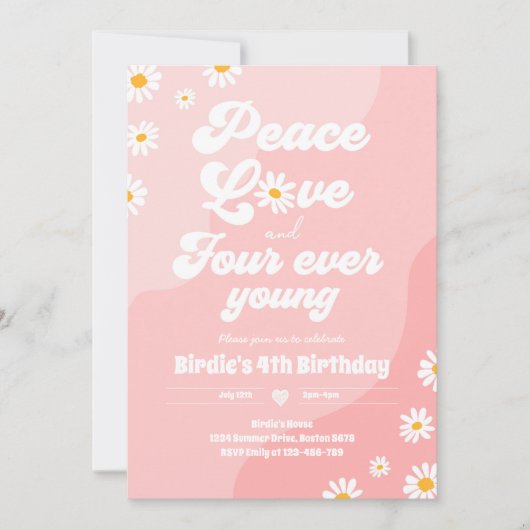 Invitation Boho Daisy 4e anniversaire Paix Amour Quatre Ever  (Devant)