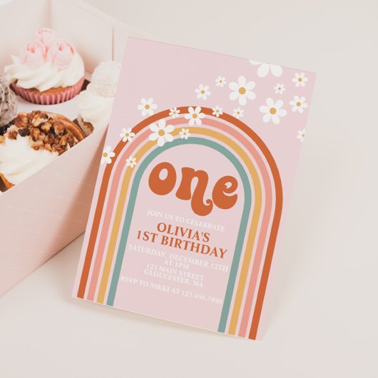 Invitation Boho Daisy anniversaire premier arc-en-ciel