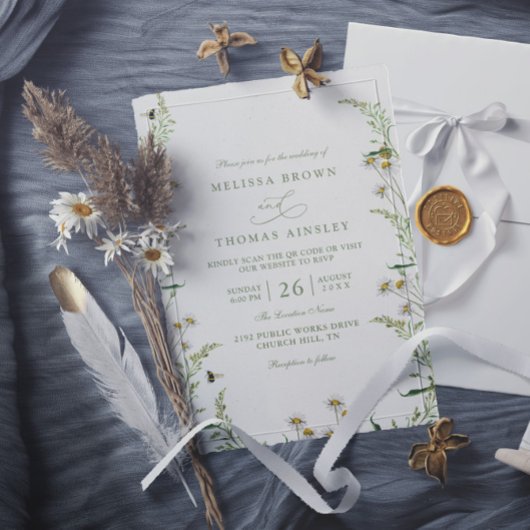 Invitation Boho Daisy Beidge Wildflower QR Code Wedding
