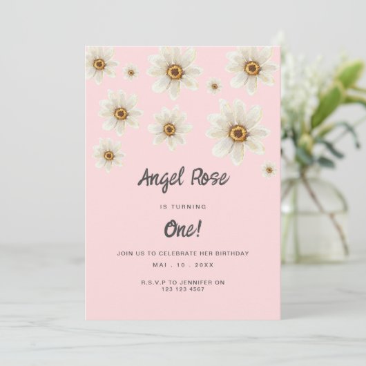 Invitation Boho Daisy Fleurs Fille 1er Anniversaire Rose mign (Debout devant)