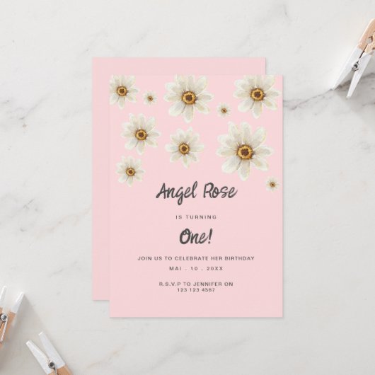 Invitation Boho Daisy Fleurs Fille 1er Anniversaire Rose mign (Devant/Arrière en situation)