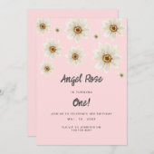 Invitation Boho Daisy Fleurs Fille 1er Anniversaire Rose mign (Devant / Derrière)