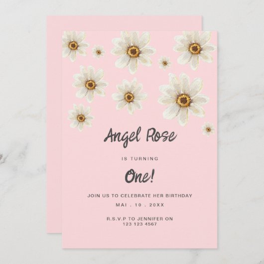 Invitation Boho Daisy Fleurs Fille 1er Anniversaire Rose mign (Devant / Derrière)