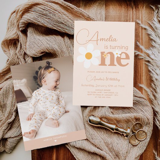 Invitation Boho Daisy Photo First Birthday Girl