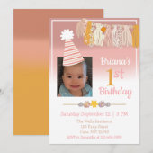 Invitation Boho Daisy Photo personnalisée Filles Premier anni (Devant / Derrière)