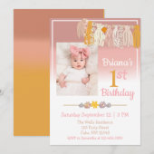 Invitation Boho Daisy Photo personnalisée Rose Premier annive (Devant / Derrière)