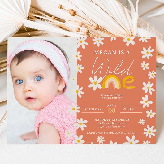Invitation Boho daisy rainbow photo sauvage un 1er anniversai