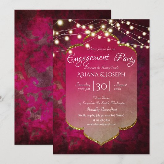 Invitation Boho damask inspiré de l'Inde en rose profond (Devant / Derrière)