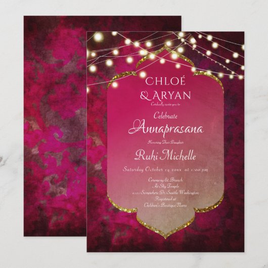 Invitation Boho damasqué inspiré de l'Inde en rose profond (Devant / Derrière)