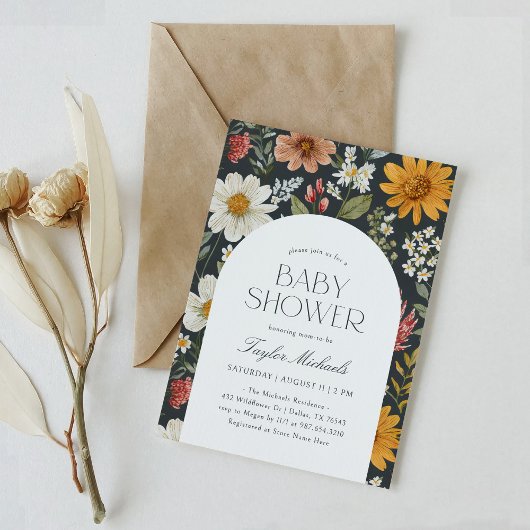 Invitation Boho Dark Floral Fleur sauvage Baby shower