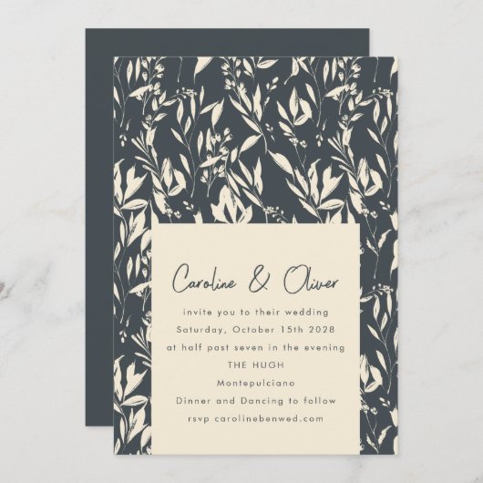 Invitation Boho Dark Moody Black Botanical Sketch Mariage (Devant / Derrière)