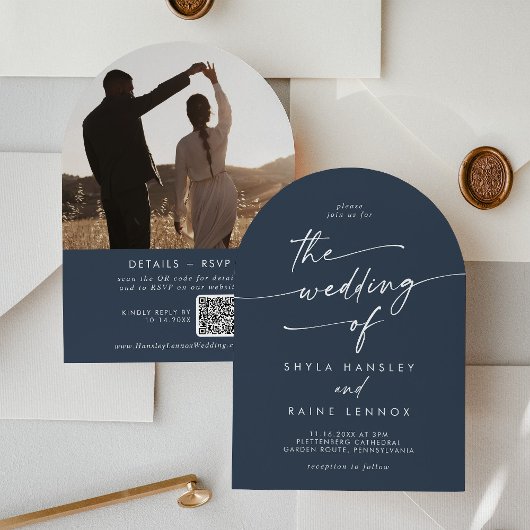 Invitation Boho Dark Navy Bleu Photo QR Code Arch Mariage