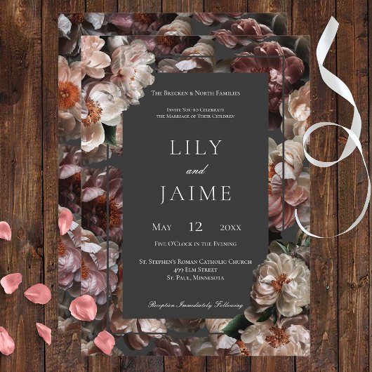 Invitation Boho Dark Peony Flowers Moderne Charbon