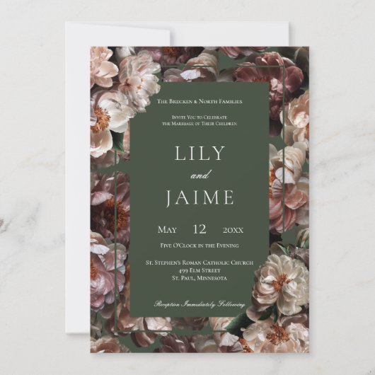 Invitation Boho Dark Peony Flowers Moderne Mariage Sage (Devant)