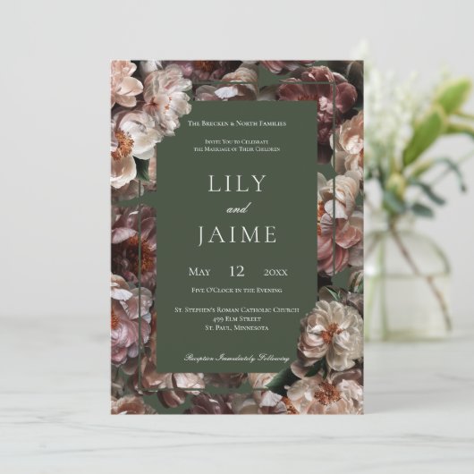 Invitation Boho Dark Peony Flowers Moderne Mariage Sage (Debout devant)