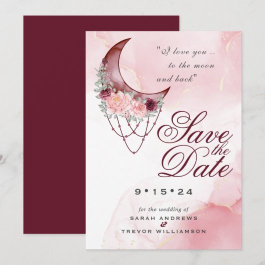 Invitation Boho Date à Sauver Rose Marron Clair Croissant de (Devant / Derrière)