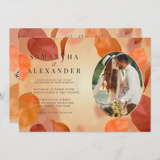 Invitation Boho d'automne brûlé Orange Feuille QR Code Mariag (Devant / Derrière)