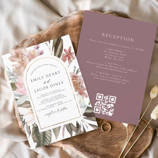Invitation Boho de Bourgogne Floral tout en un QR Code Mariag