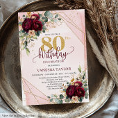 Invitation Boho de luxe Dark Red Gold Rose 80e anniversaire