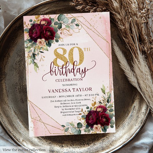 Invitation Boho de luxe Dark Red Gold Rose 80e anniversaire