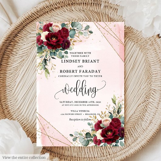 Invitation Boho de luxe Merlot Gold Blush Roses de mariage In