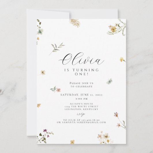 Invitation Boho de premier anniversaire fleur sauvage (Devant)