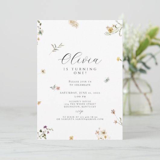 Invitation Boho de premier anniversaire fleur sauvage (Debout devant)