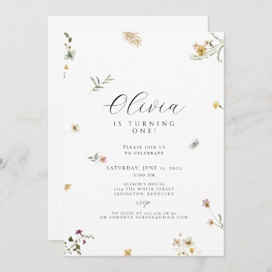 Invitation Boho de premier anniversaire fleur sauvage (Devant / Derrière)