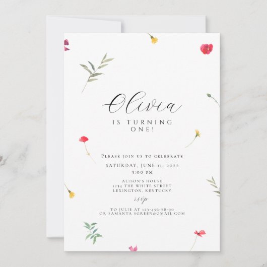 Invitation Boho de premier anniversaire fleur sauvage (Devant)