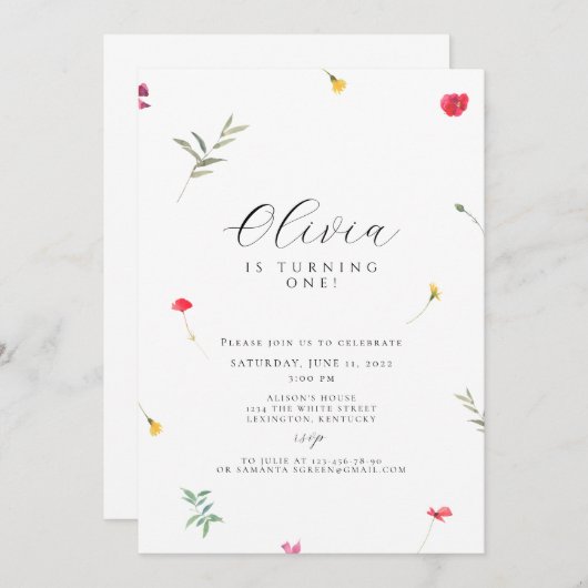 Invitation Boho de premier anniversaire fleur sauvage (Devant / Derrière)