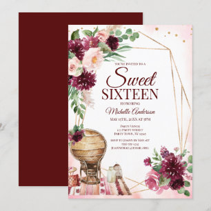 Invitation Boho de vin Bourgogne Aquarelle Sweet sixteen Flor