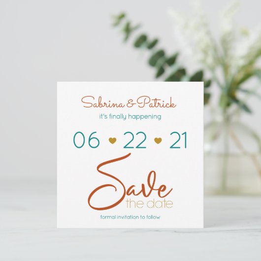 Invitation BOHO décontracté Bold Turquoise Rust Gold Enregist (Debout devant)