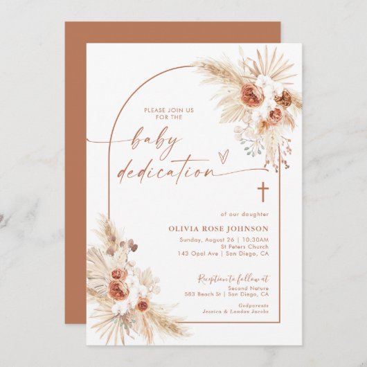 Invitation Boho Dedication | Pampas Baptême Boho G (Devant / Derrière)