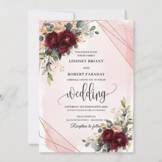 Invitation Boho Deep Red Blush or Rose Chic Mariage (Devant)