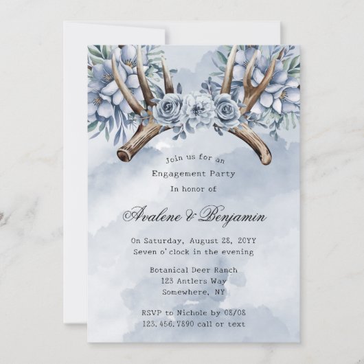 Invitation Boho Deer Antler Blue Floral Bachelorette (Devant)