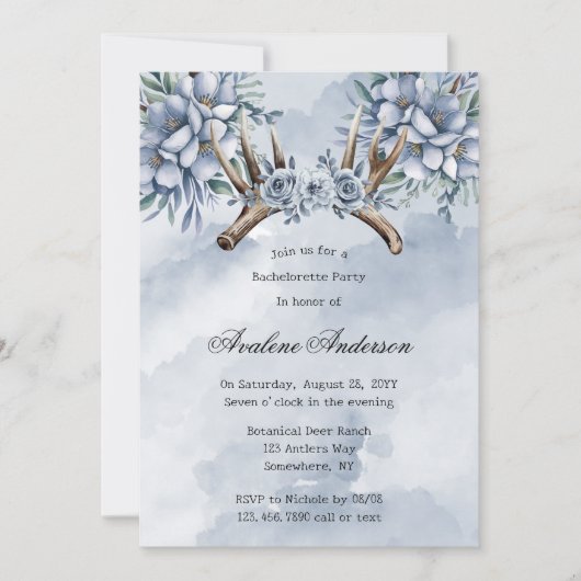 Invitation Boho Deer Antler Blue Floral Bachelorette (Devant)