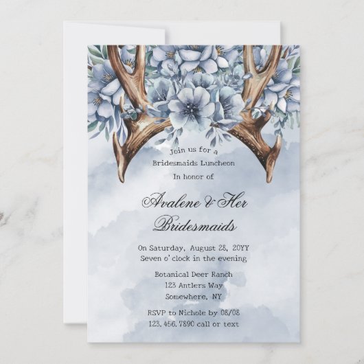 Invitation Boho Deer Antler Blue Floral Bridesmaiers Déjeuner (Devant)