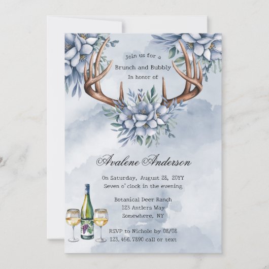 Invitation Boho Deer Antler Blue Floral Brunch & Bubbly (Devant)