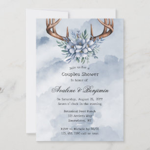 Invitation Boho Deer Antler Blue Floral Mariage Couple Douche