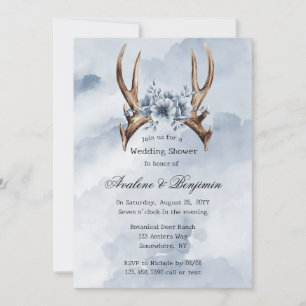 Invitation Boho Deer Antler Blue Floral Mariage Couple Douche