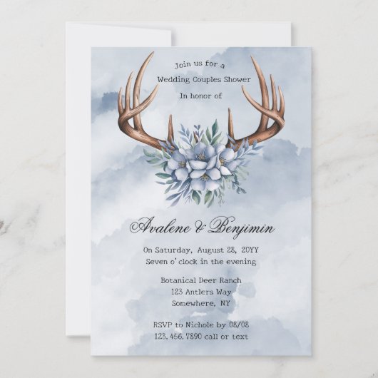 Invitation Boho Deer Antler Blue Floral Mariage Couple Douche (Devant)