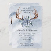Invitation Boho Deer Antler Blue Floral Mariage Couple Douche (Devant / Derrière)