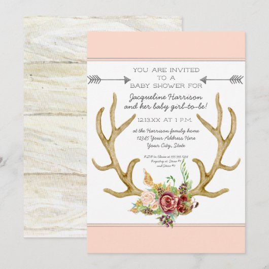 Invitation BOHO Deer Antler Blush Floral Baby Girl Douche (Devant / Derrière)