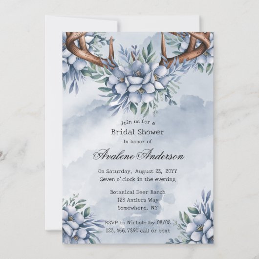 Invitation Boho Deer Antler Dusty Blue Floral Fête des mariée (Devant)