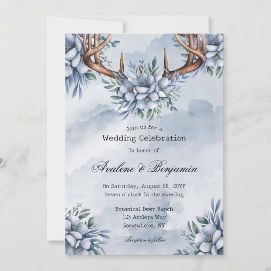 Invitation Boho Deer Antler Dusty Blue Floral Mariage (Devant)