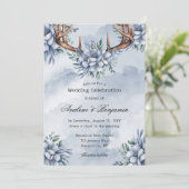 Invitation Boho Deer Antler Dusty Blue Floral Mariage (Debout devant)